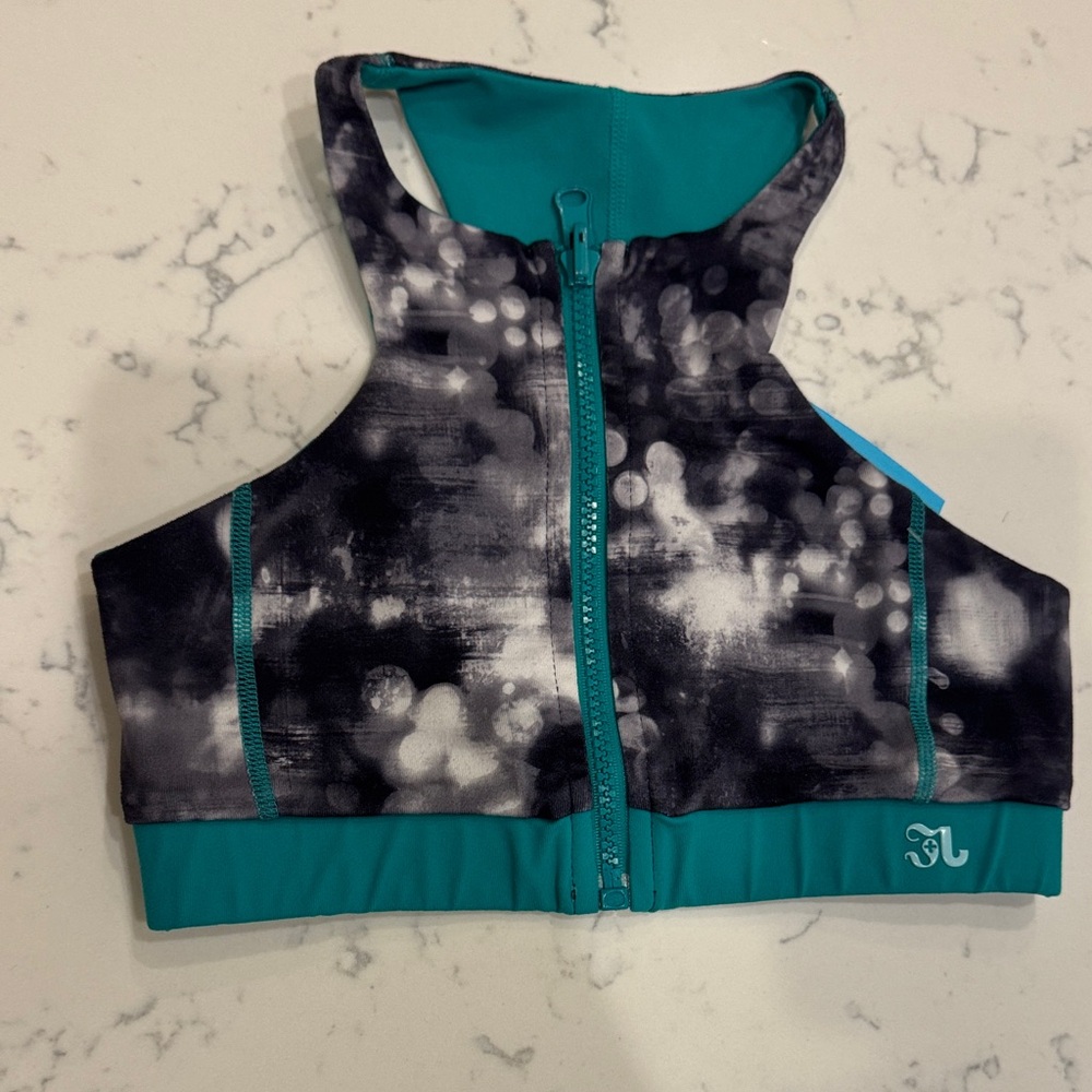 Reversible Teal and Black Patterned Sports Bra